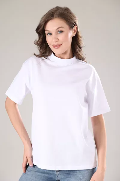 % Organik Pamuk Kadın Beyaz Basic Ribana'lı Dik Yaka Örme T-shirt