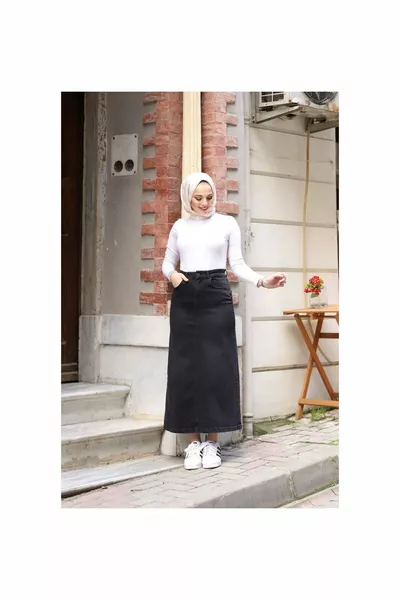 Black Denim Skirt with Star Rivets and Natural Fabric