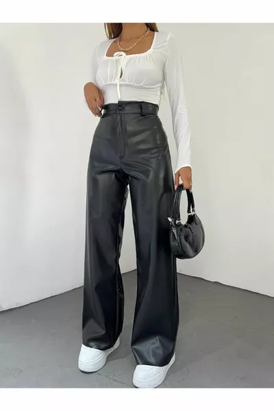 Дамски кожени панталони с висока талия и широк крачол