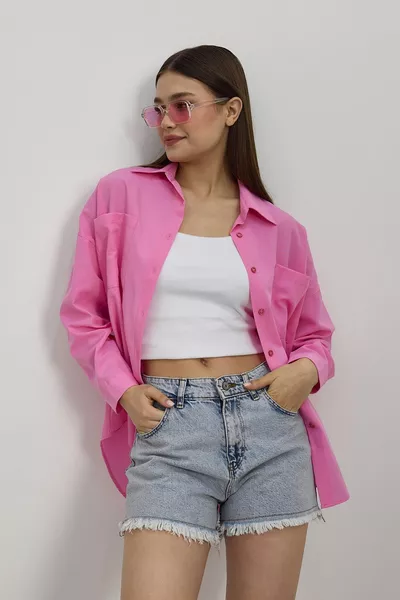 Zuckerrosa Oversize Lange Basic-Hemd mit Doppelten Taschen - a