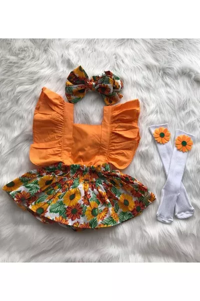 Ensemble pour bébé fille salopette orange motif tournesol avec bandeau et chaussettes