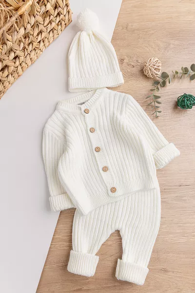 طقم أطفال شتوي للجنسين مع قبعة وسترة محبوكة