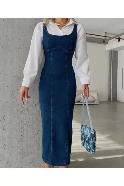 Timagna Schmal geschnittenes Midi-Jeanskleid mit Trägern und Schlitz