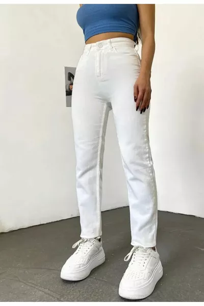 Weiße Damen Mom-Jeans Weiß Hohe Taille Elastisch (MIT LYCRA)(NICHT DURCHSICHTIG)