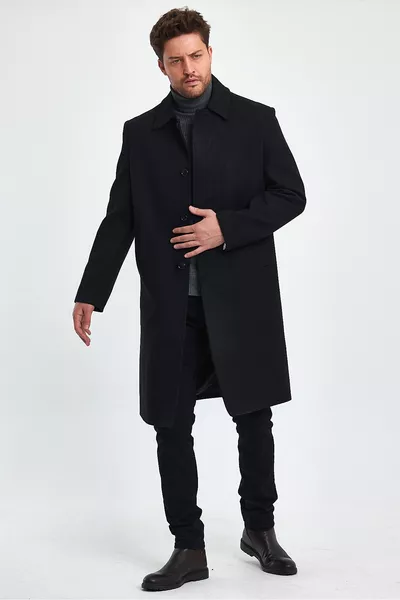 Heren Zwarte Lange Regular Fit Wollige Jas