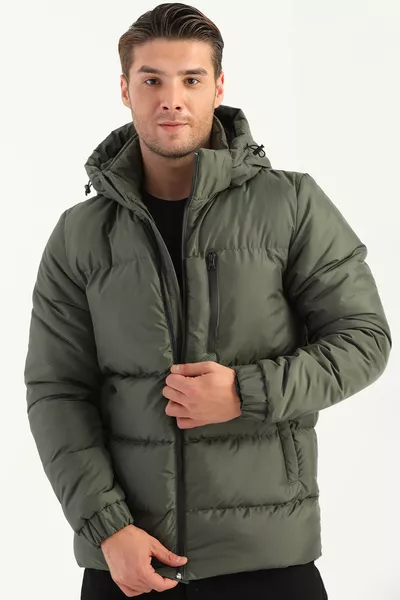 معطف رجالي مبطن سميك مبطن للشتاء مع غطاء رأس بلون زيتي