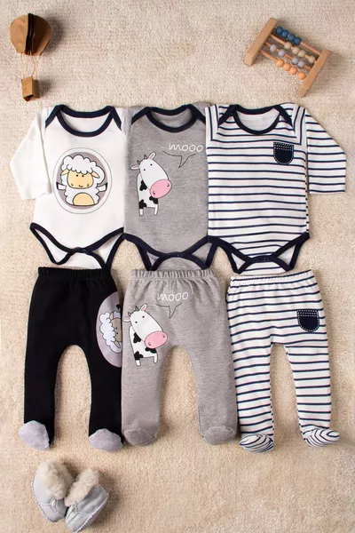 6-teiliges Unisex-Babykleidungsset mit Kuh- und Lamm-Muster