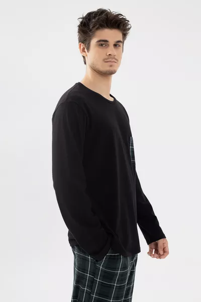 Мъжки памучен комплект пижама с дълъг ръкав, джоб на гърдите и кариран десен