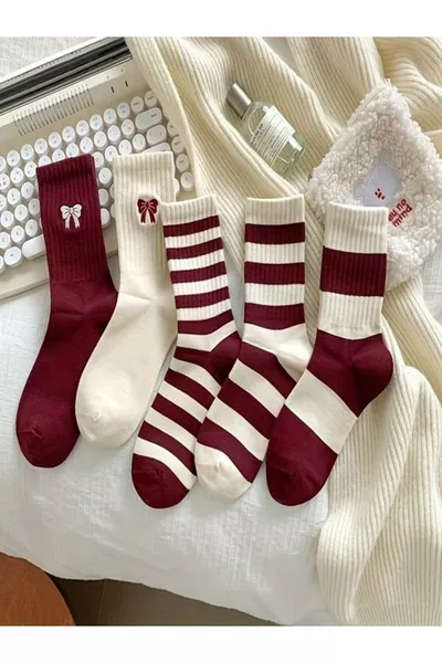 مجموعة جوارب تنس للجنسين اقتصادية مكونة من 5 قطع بنقشة شرائط حمراء وبيضاء