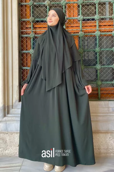 Елегантен комплект с наметка, шифонова перде и шал в цвят каки (ТРИЧАСТЕН КОМПЛЕКТ)