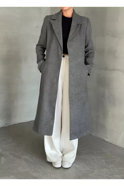 Koyu Gri Kuşaklı Içi Astarlı Cep Detaylı Kaşe Kaban