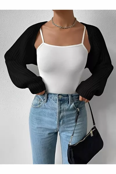 Плетена жилетка с реглан ръкав Болеро корейски стил 4 сезона черно