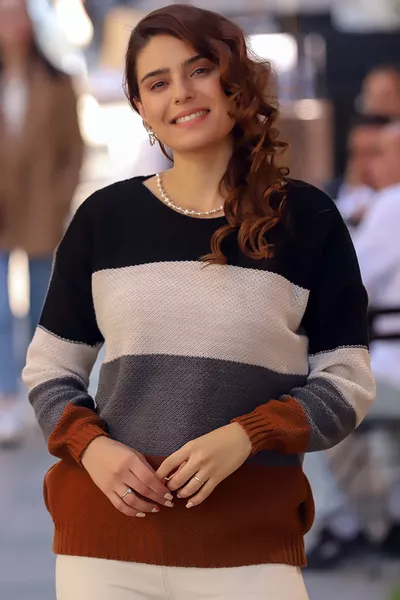 Maglione a Girocollo a Maniche Lunghe a Blocchi di Colore con Fondo a Nido d'Ape e Bordo Elastica