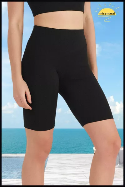 Kadın Siyah Yüksek Bel Toparlayıcı Tayt Kısa Spor Şort Deniz > Havuz > Spor Biker Shorts 