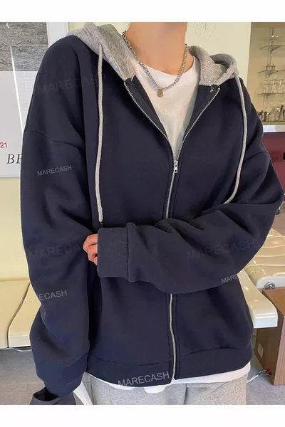 Unisex Navy Gray Hooded Oversized Cardigan Zip 2-Ply Medium Thickness