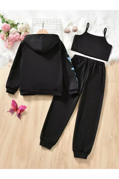 Детско яке с цип, къс топ и спортен комплект за момичета с черна пеперуда