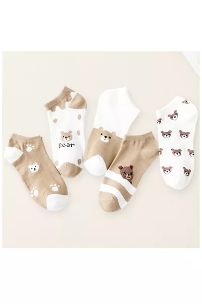 جوارب نسائية بنقشة الدب الصغير، مجموعة من 5 – ملونة، ناعمة، للاستخدام اليومي