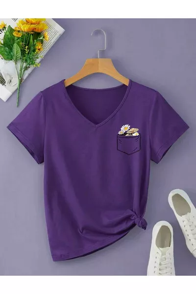 T-shirt en coton à col V avec imprimé floral basique (coupe normale)