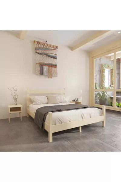 Natura Model Natürliches Kiefernholz-Bettgestell und Zwei Nachttisch-Set