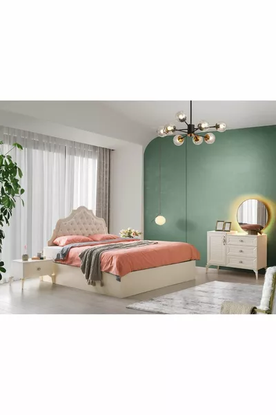 Athina Schlafzimmer Set - MDF - Muschelstein - 6 Türen und Spiegel - ohne Bettgestell mit Traverse - kostenlose Lieferung und Montage