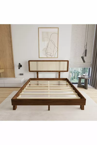 Hazeran Lilyum Model Walnut Color Solid Pine Wood Bed Frame