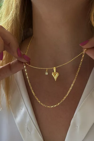 Zircon Stone Heart and Chain Double Necklace