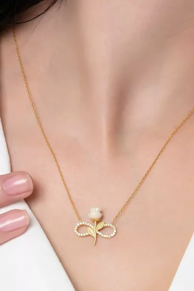 Silver-Plated Chain Gold-Plated Zircon Stone White Rose Infinity Model Necklace