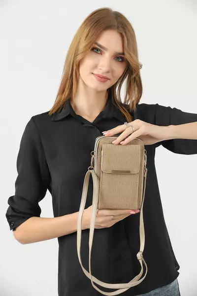 Platin Kadın Çapraz Askılı Telefon 3 Bölmeli Cüzdan Çanta