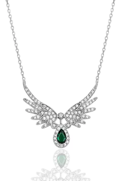 Silver Setting Necklace with Green Emerald Teardrop Stone and Angel Wings