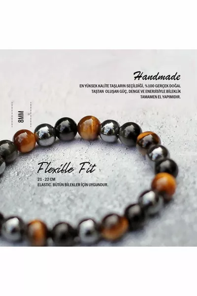 Браслет из природных камней с тигровым глазом, обсидианом и гематитом