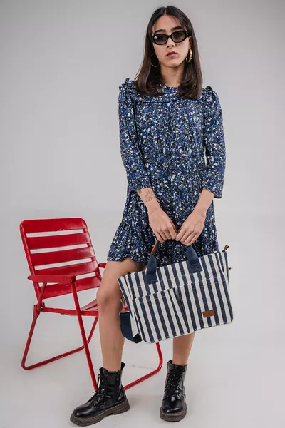 ÜÇ GÖZLÜ THE TOTE BAG LACİVERT ÇİZGİLİ CANVAS KADIN OMUZ ÇANTA