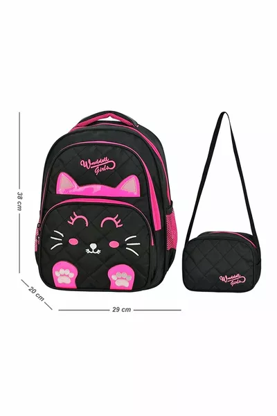 Licensed Quilted Cat Pattern Elementary School Backpack and Lunch Bag