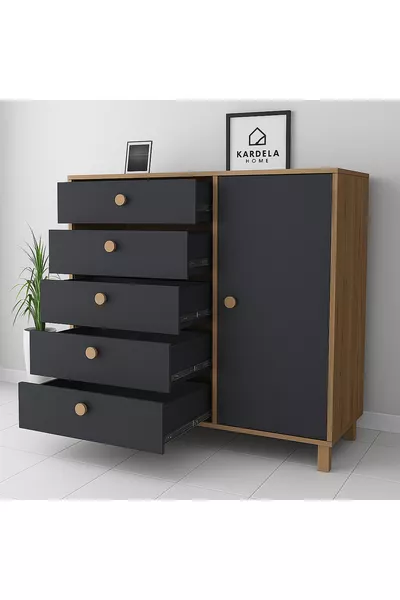 Kardela % Mdf Bebek Odası Çocuk Şifonyer 5 Çekmeceli Kapaklı Antrasit Atlantik Çam
