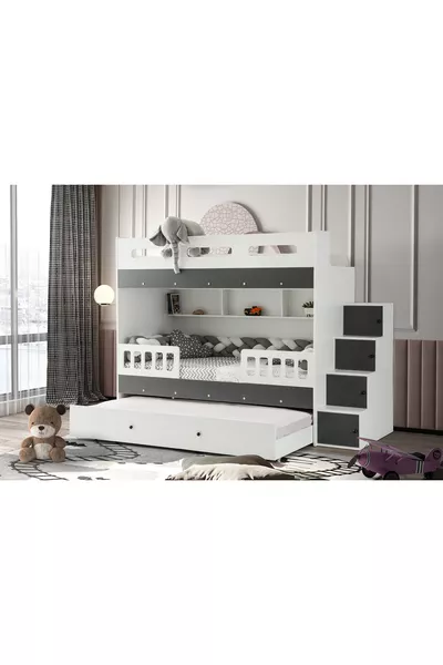 Berlin Loft Bed / White-Anthracite / Free Installation / 3 Sleeping Sections and Ladder with Closet / 100% MDF