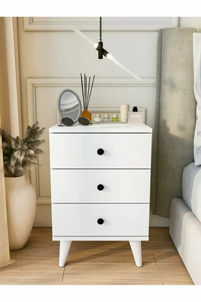 منضدة بجانب السرير بيضاء لامعة بثلاثة أدراج، حديثة لغرفة النوم