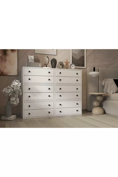 Бял скрин с 12 чекмеджета и рафтове без лайсна