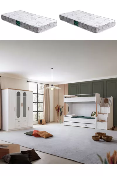 Bunk Bed, Vita Bohem White Bunk Bed with 2-Child Option, 4-Door Wardrobe, 2 Comfort Mattresses