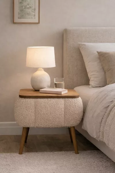 Comodino Lina Sandıklı, Comodino Moderno con Gambe in Legno Rivestito in Tessuto Teddy