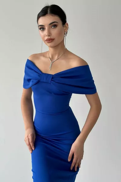 Robe de soirée crayon crayon midi en tissu Atlas pour femmes design Sax bleu crayon midi 