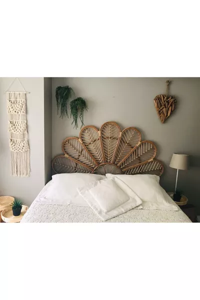 Bamboe Rattan Gevlochten Bedhoofdeinde - Handgemaakt Walnootkleur Tweepersoons cm