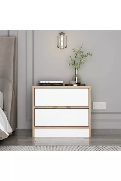 Kulpsuz Çift Çekmeceli Komodin - Dore Ceviz/Beyaz Renk