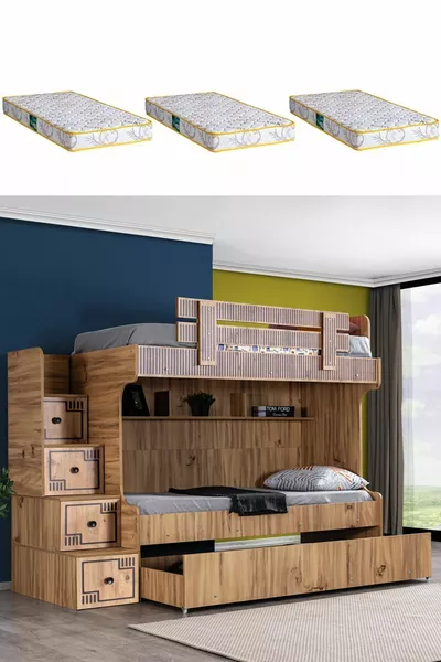 Bunk Bed, Natural Bunk Bed with 3 Comfort Mattresses
