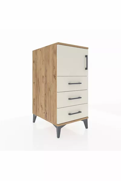 Kronos Nachttisch mit einem Regal, 3 Schubladen und einer Tür, Kiefer-Marmoreffekt