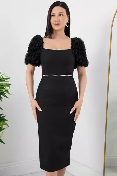 Vierkante Hals Parel Detail Atlas Jurk 