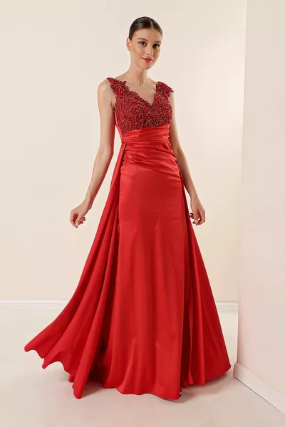 Beaded Guipure Transparent Long Satin Dress Red