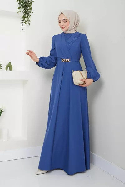 فستان حجاب بحزام سلسلة  نيلي