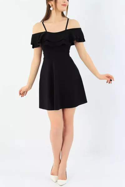 Flexible Crepe Fabric Collar Two Layers of Flounce Straps Detailed Black Evening Dress Black Graduation Dress 