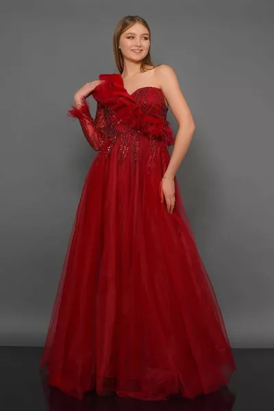 Sequin and bead embroidered one-shoulder evening dress with long sleeves and feather details