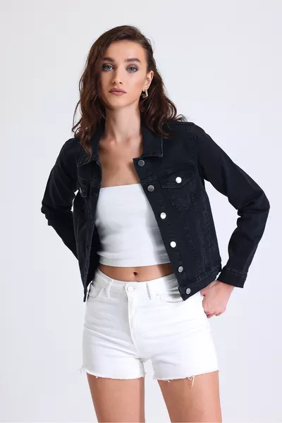 Kadın Siyah Kısa Likralı Denim Ceket