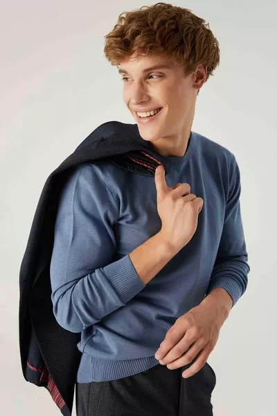 Ds Damat Регулярная посадка Тёмно-синий свитер с круглым вырезом из хлопка, не скатывается